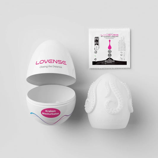Lovense Kraken Egg masturbator with soft, textured design, packaged with a single-use wrapper.