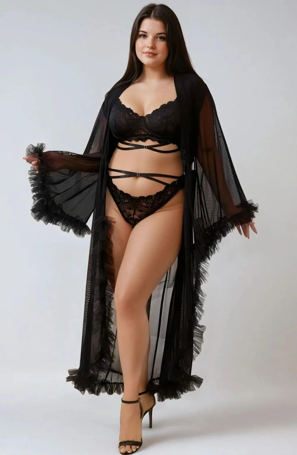 Plus Size Black Sheer Ruffle Trim Robe- Elegant Cover up