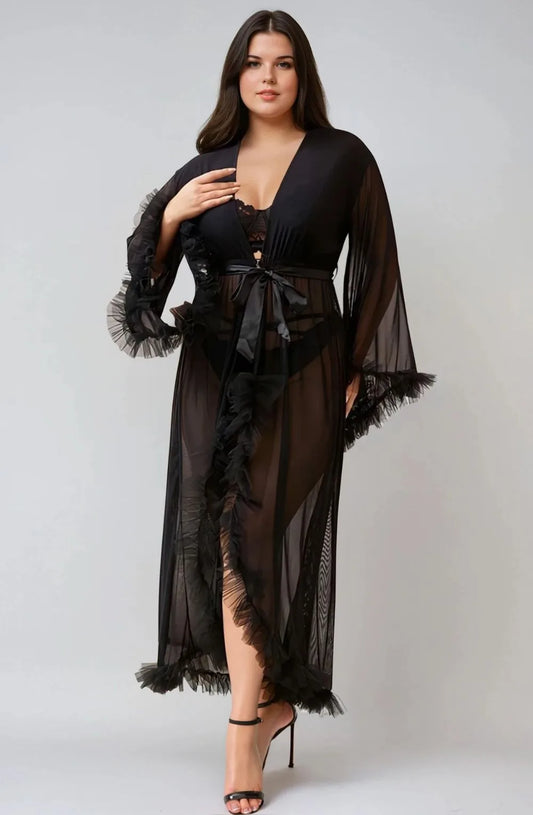 Plus Size Black Sheer Ruffle Trim Robe- Elegant Cover up