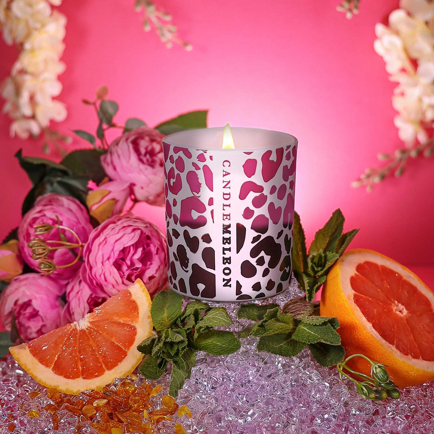 Candlemeleon-Pink Leopard-Amber, Orange Flowers & Mint