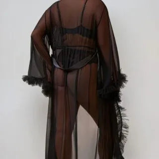Plus Size Black Sheer Ruffle Trim Robe- Elegant Cover up