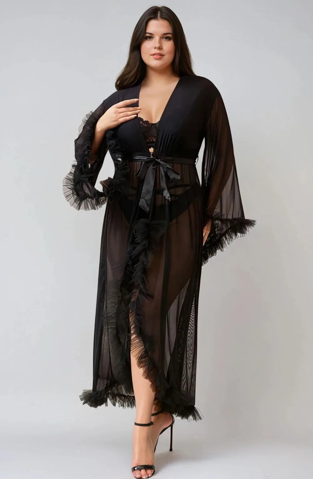 YesX-Sexy Mesh Ruffled Long Robe-Plus Size