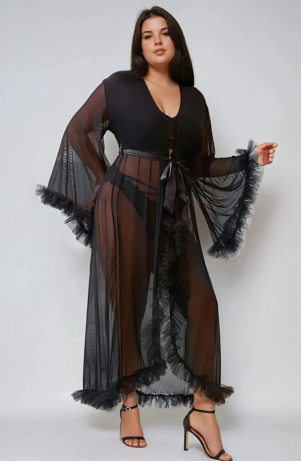 YesX-Sexy Mesh Ruffled Long Robe-Plus Size